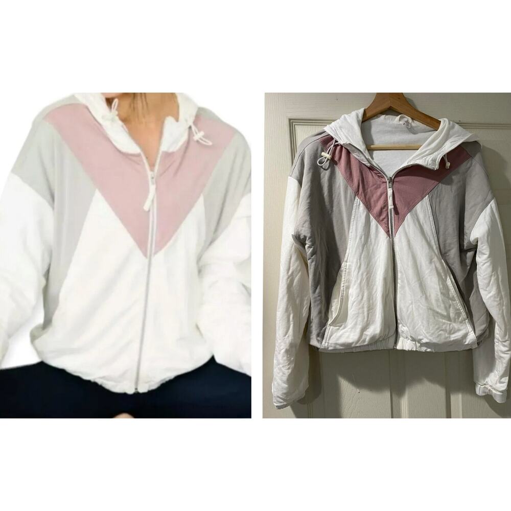 Zyia Active Women's Large Jacket White Gray Pink Full Zip Cropped S A001795